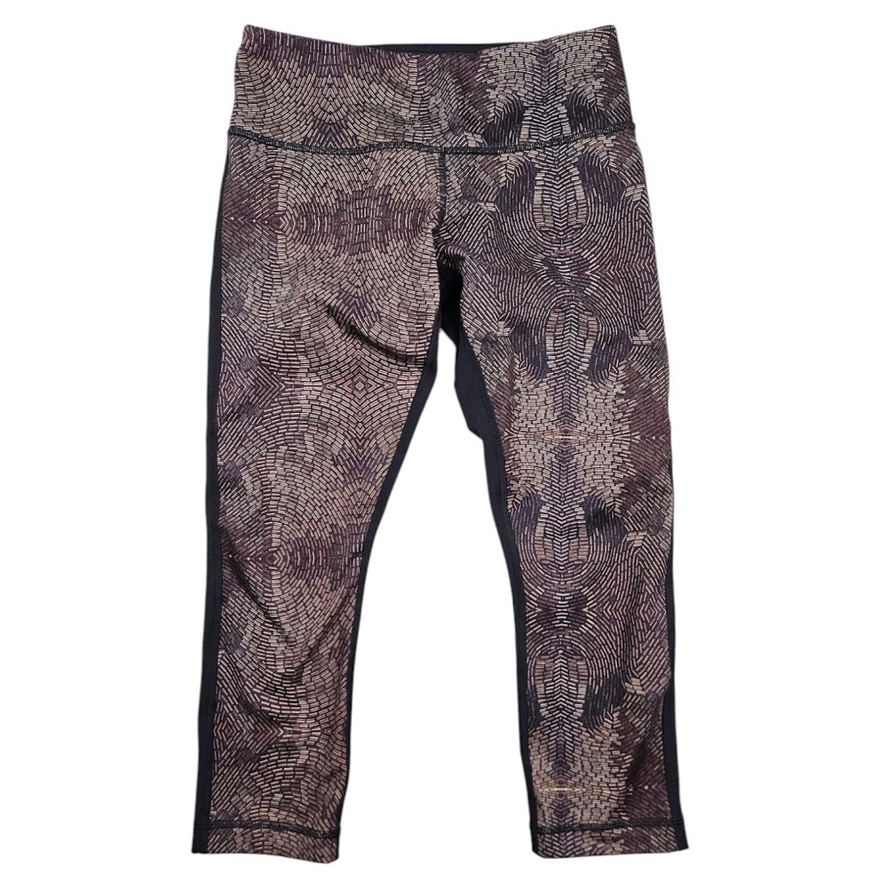 Lululemon Leggings Capris Low Rise Brown Mosaic Print Front‎ Black Back Size 6